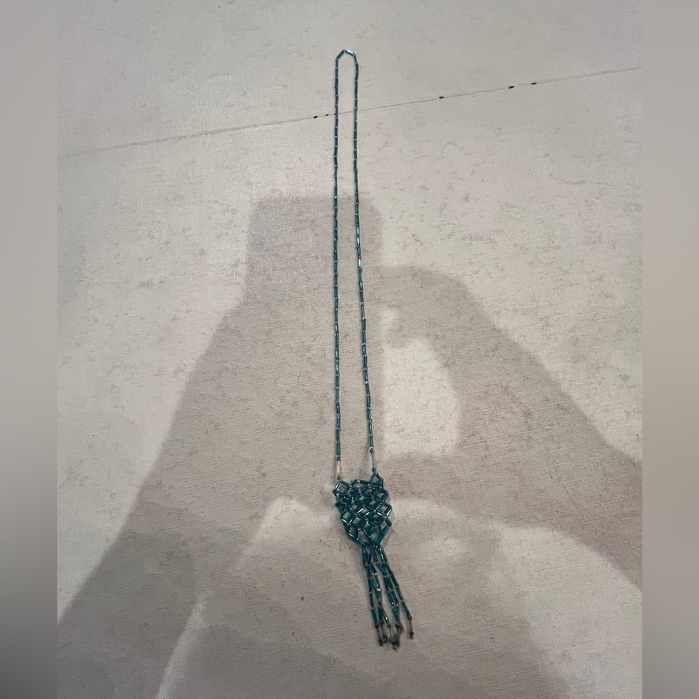 Vintage sparkly teal Blue tube Bead satchel necklace. So cool!